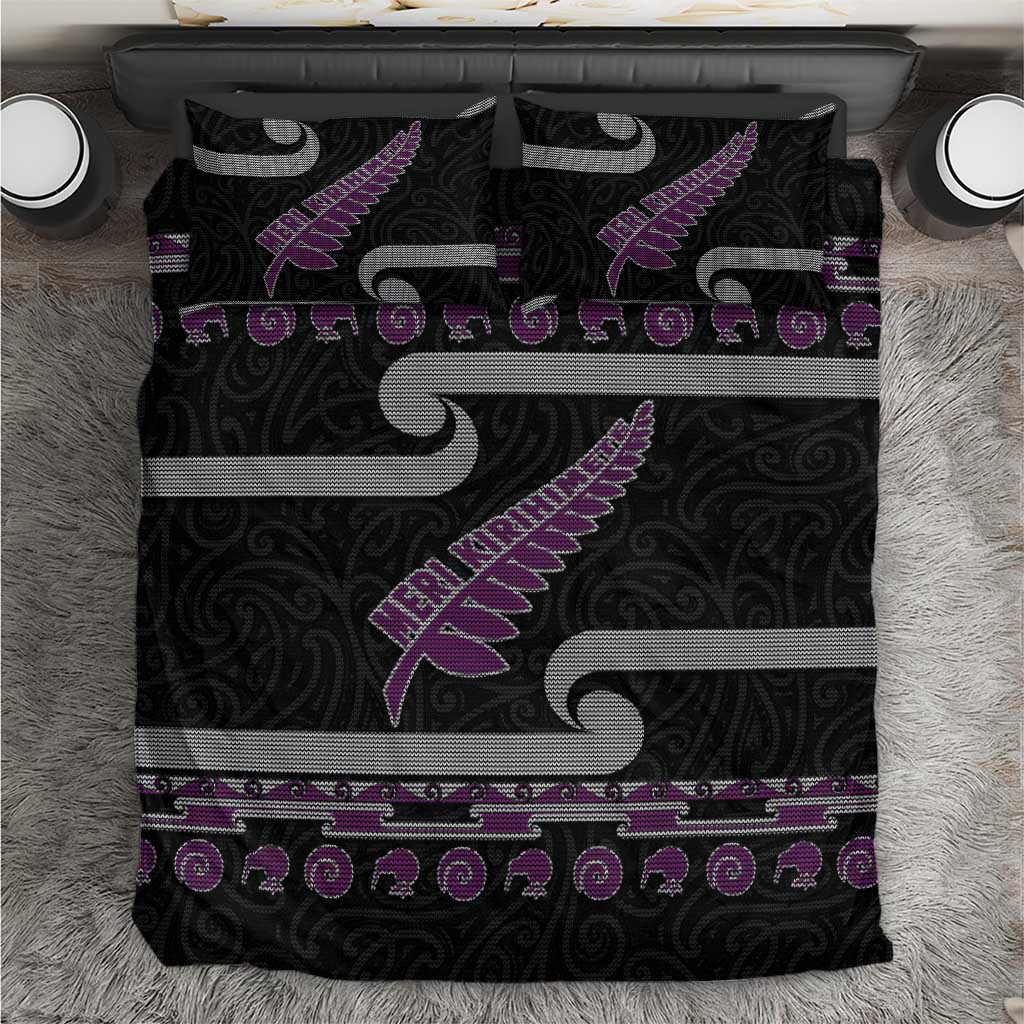 New Zealand Christmas Bedding Set Meri Kirihimete Silver Fern Knit Style Purple Color - Polynesian Pride