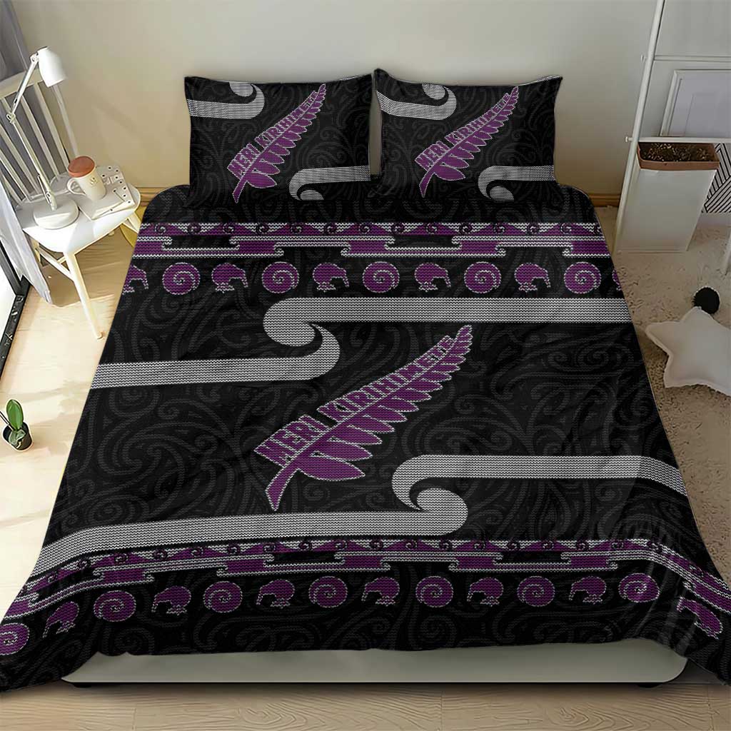 New Zealand Christmas Bedding Set Meri Kirihimete Silver Fern Knit Style Purple Color - Polynesian Pride