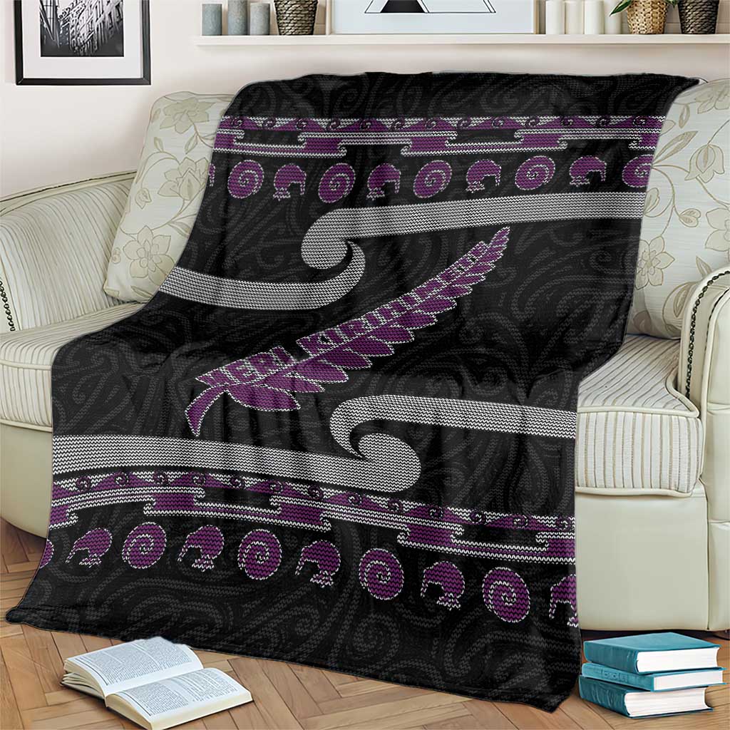 New Zealand Christmas Blanket Meri Kirihimete Silver Fern Knit Style Purple Color - Polynesian Pride