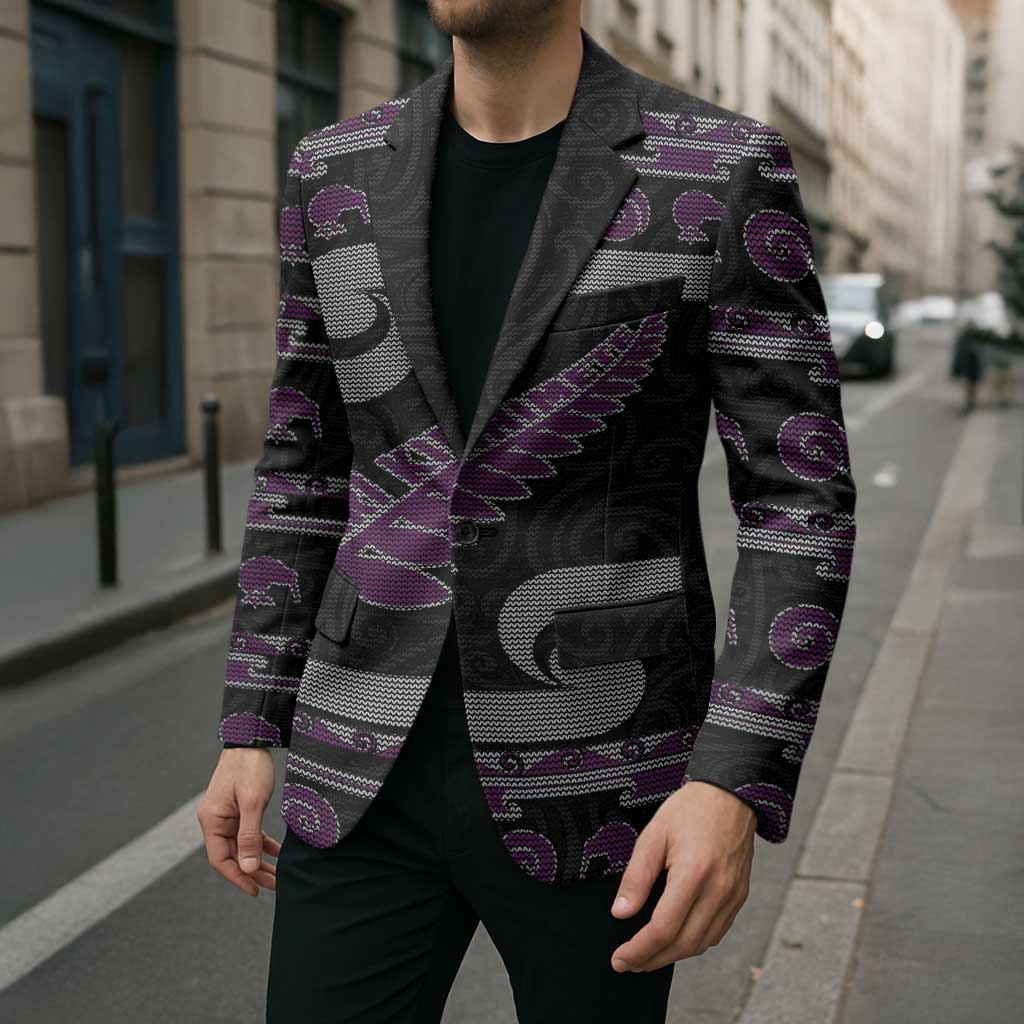 New Zealand Christmas Blazer Meri Kirihimete Silver Fern Knit Style Purple Color - Polynesian Pride