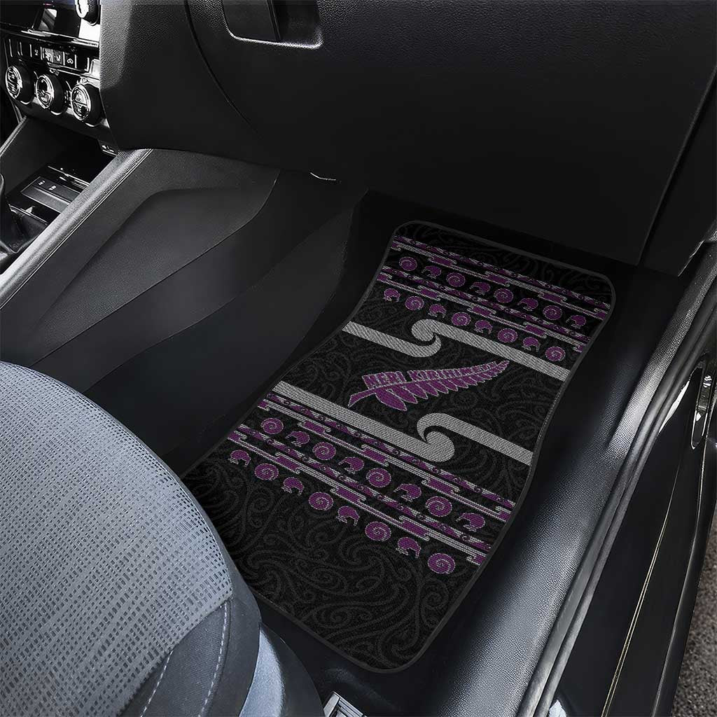 New Zealand Christmas Car Mats Meri Kirihimete Silver Fern Knit Style Purple Color - Polynesian Pride