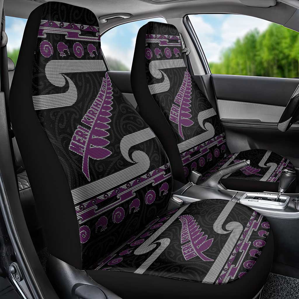 New Zealand Christmas Car Seat Cover Meri Kirihimete Silver Fern Knit Style Purple Color - Polynesian Pride