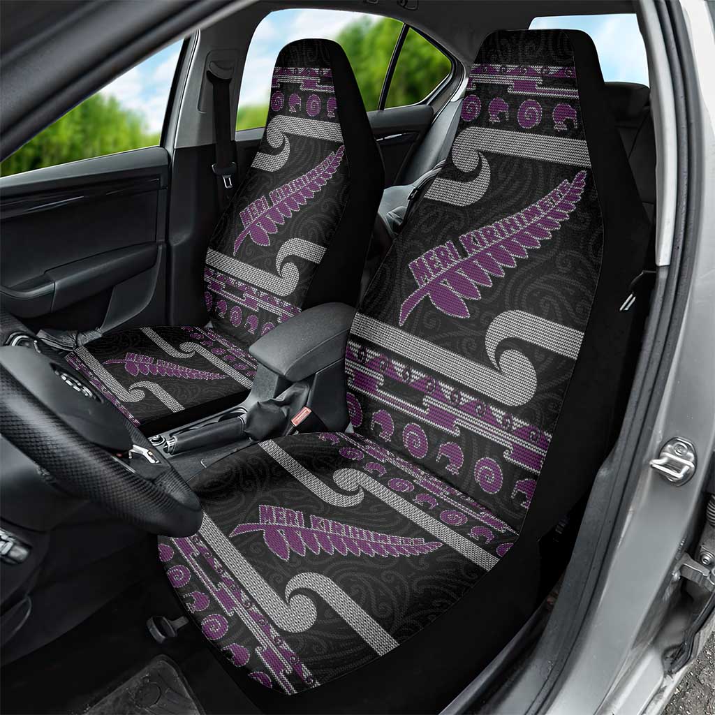 New Zealand Christmas Car Seat Cover Meri Kirihimete Silver Fern Knit Style Purple Color - Polynesian Pride