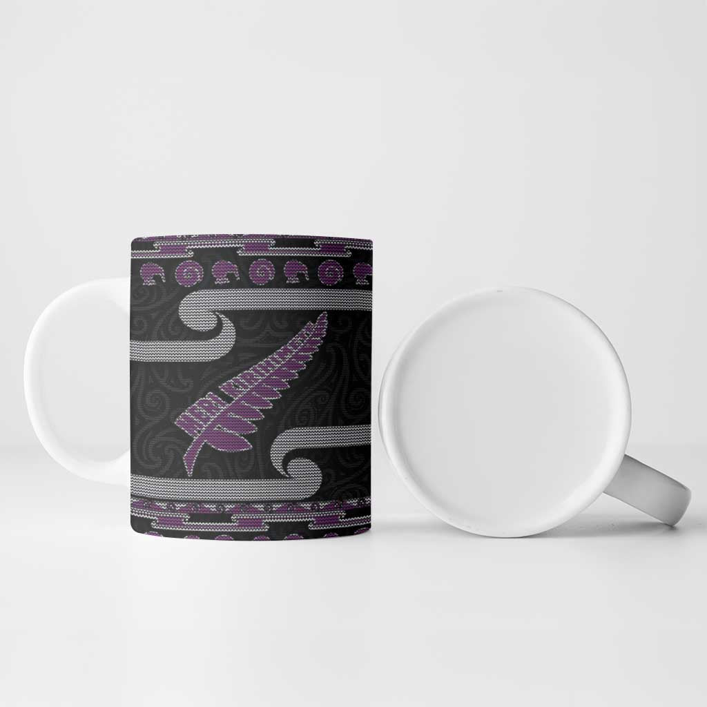 New Zealand Christmas Ceramic Mug Meri Kirihimete Silver Fern Knit Style Purple Color - Polynesian Pride