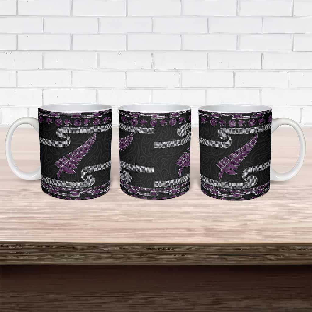 New Zealand Christmas Ceramic Mug Meri Kirihimete Silver Fern Knit Style Purple Color - Polynesian Pride