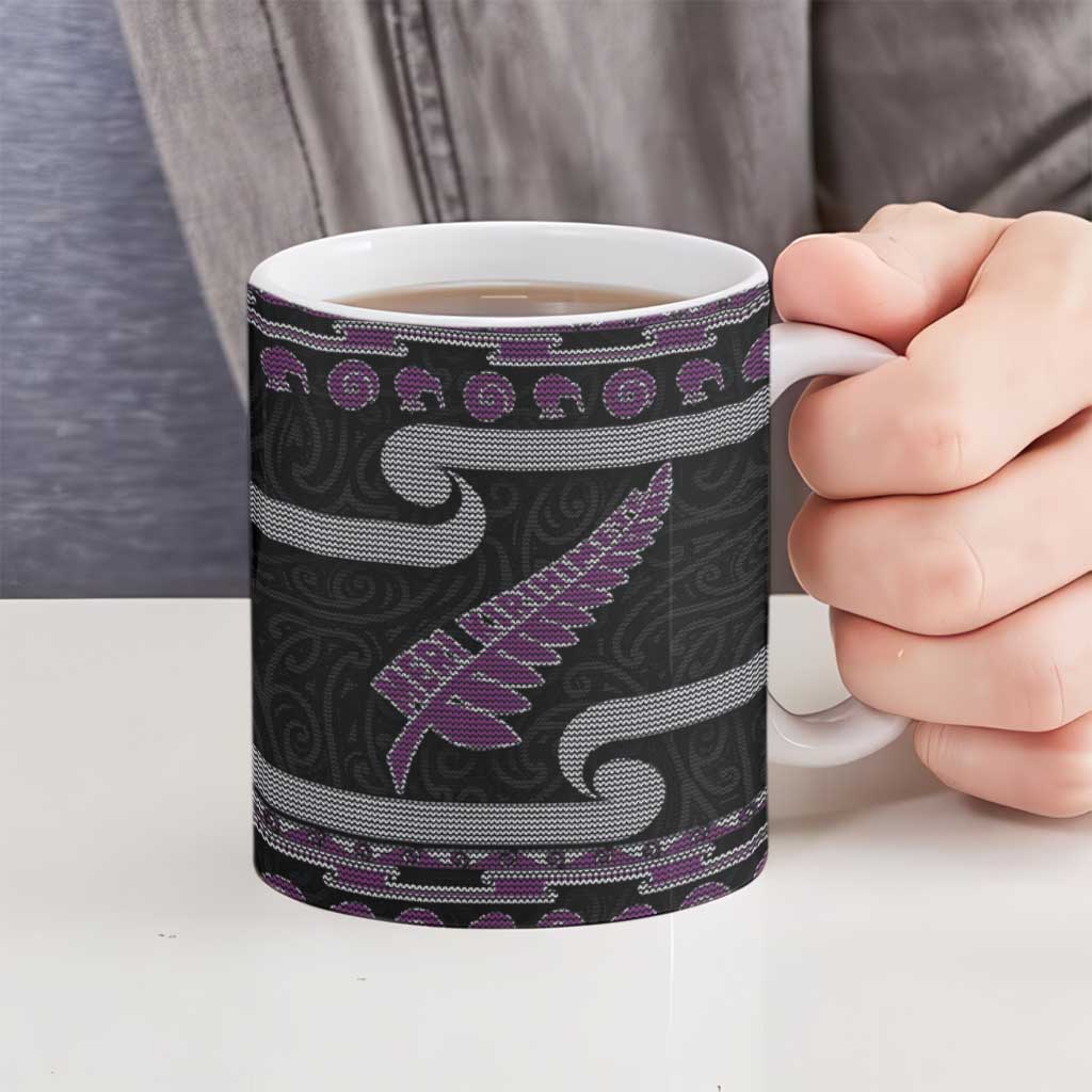 New Zealand Christmas Ceramic Mug Meri Kirihimete Silver Fern Knit Style Purple Color - Polynesian Pride