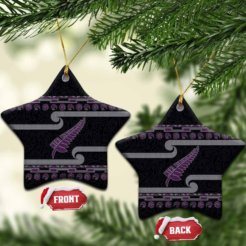 New Zealand Christmas Ceramic Ornament Meri Kirihimete Silver Fern Knit Style Purple Color - Polynesian Pride