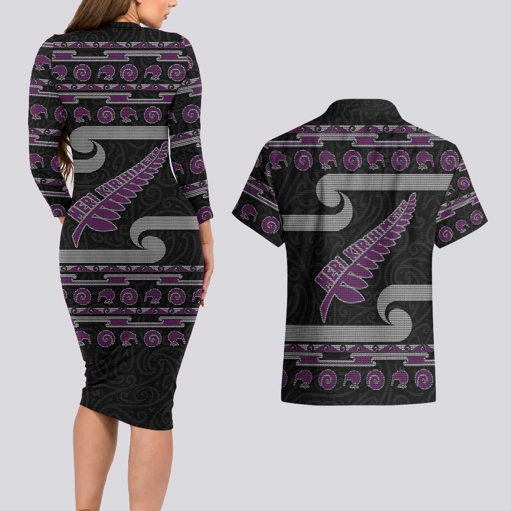 New Zealand Christmas Couples Matching Long Sleeve Bodycon Dress and Hawaiian Shirt Meri Kirihimete Silver Fern Knit Style Purple Color - Polynesian Pride