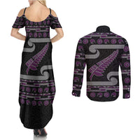 New Zealand Christmas Couples Matching Summer Maxi Dress and Long Sleeve Button Shirt Meri Kirihimete Silver Fern Knit Style Purple Color - Polynesian Pride