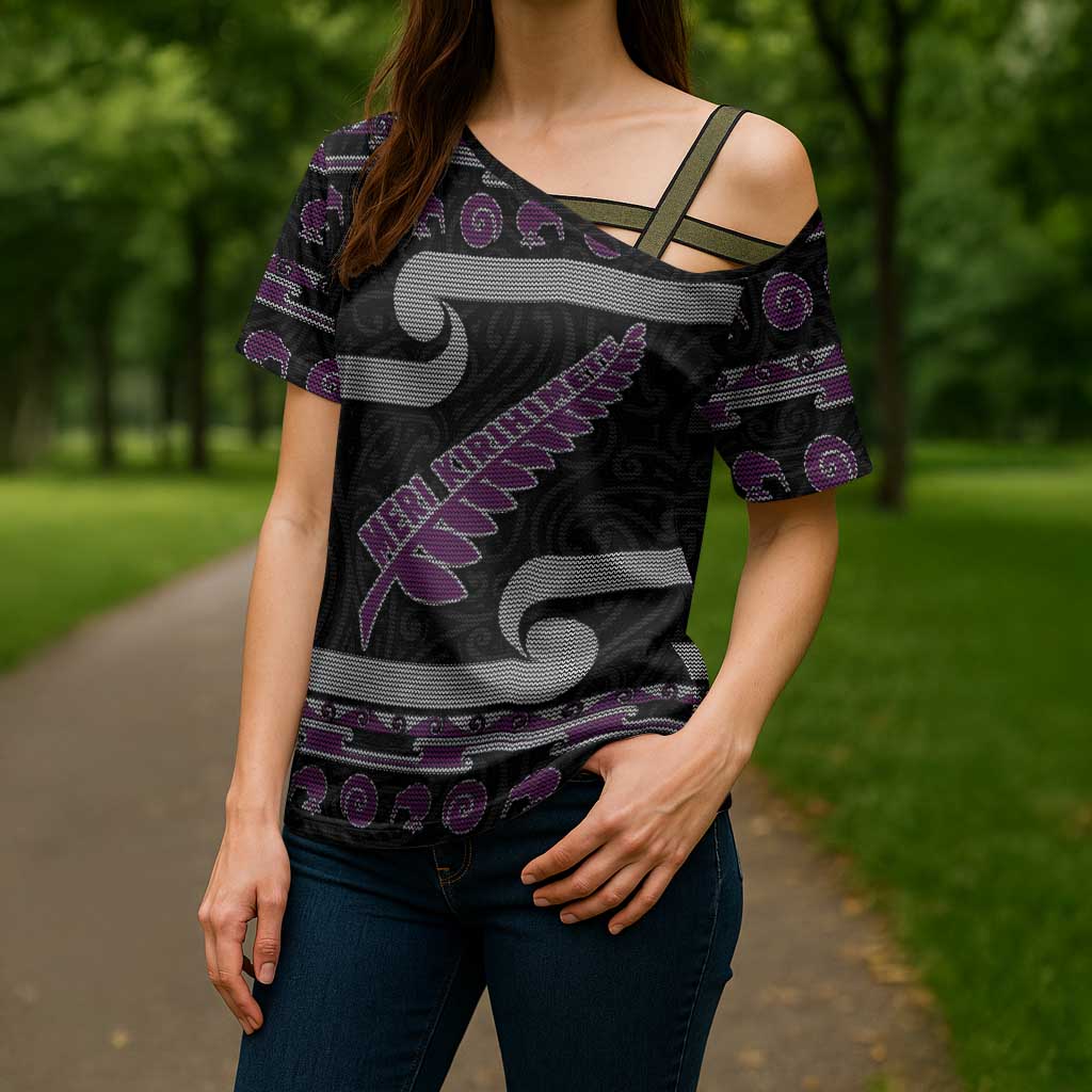 New Zealand Christmas Cross Shoulder Shirt Meri Kirihimete Silver Fern Knit Style Purple Color - Polynesian Pride