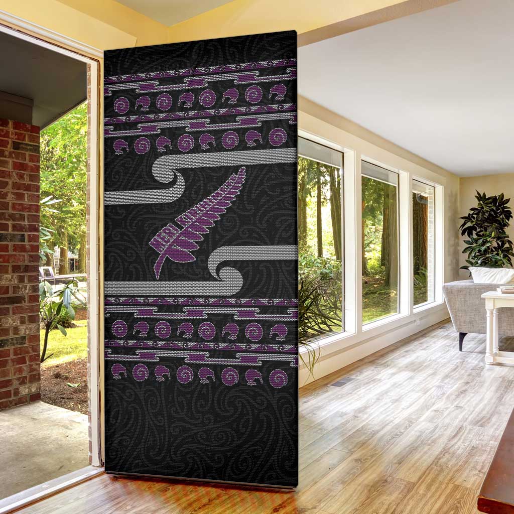 New Zealand Christmas Door Cover Meri Kirihimete Silver Fern Knit Style Purple Color - Polynesian Pride