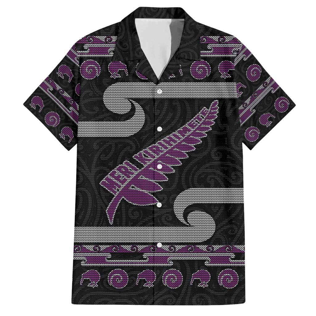 New Zealand Christmas Family Matching Long Sleeve Bodycon Dress and Hawaiian Shirt Meri Kirihimete Silver Fern Knit Style Purple Color - Polynesian Pride
