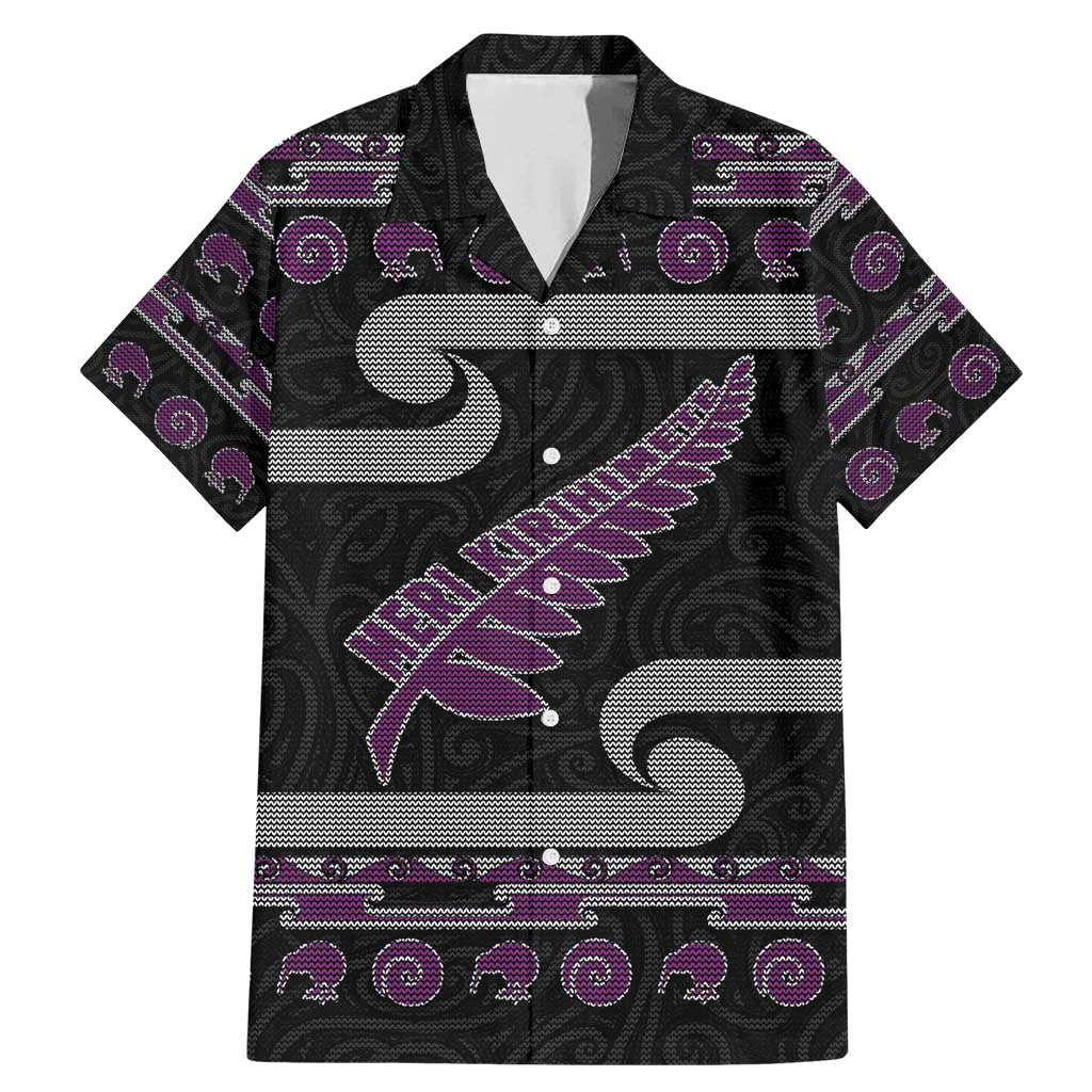 New Zealand Christmas Family Matching Mermaid Dress and Hawaiian Shirt Meri Kirihimete Silver Fern Knit Style Purple Color - Polynesian Pride