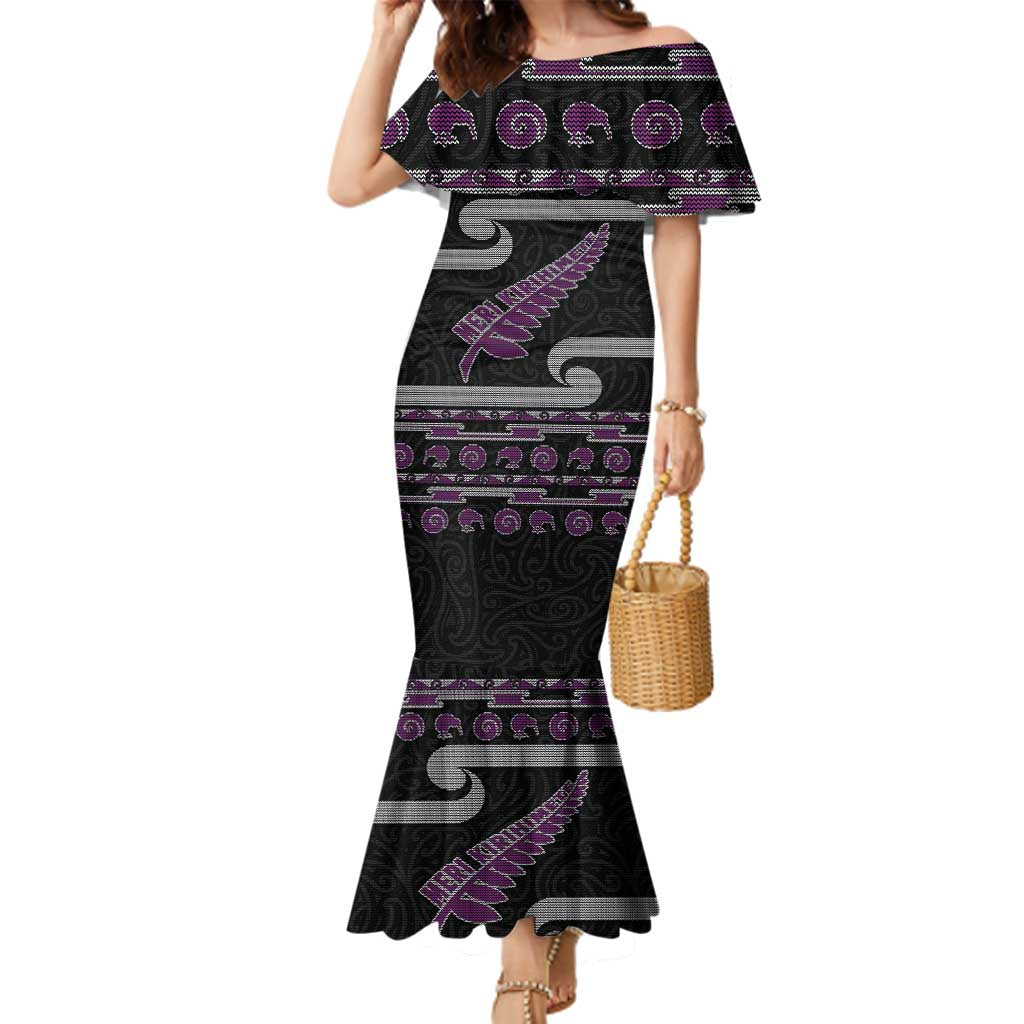 New Zealand Christmas Family Matching Mermaid Dress and Hawaiian Shirt Meri Kirihimete Silver Fern Knit Style Purple Color - Polynesian Pride