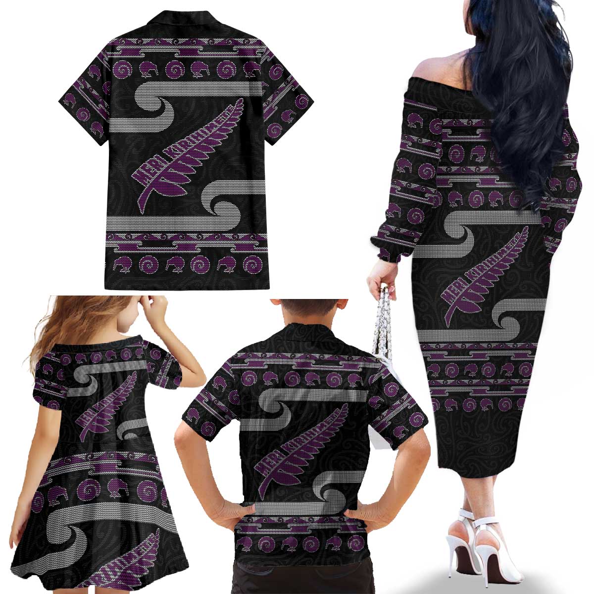 New Zealand Christmas Family Matching Off The Shoulder Long Sleeve Dress and Hawaiian Shirt Meri Kirihimete Silver Fern Knit Style Purple Color - Polynesian Pride