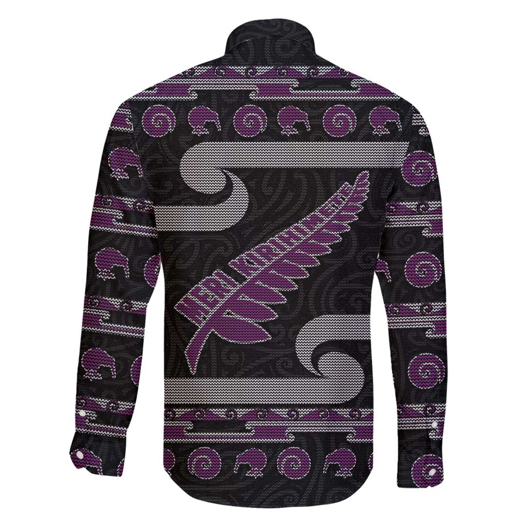 New Zealand Christmas Family Matching Puletasi and Hawaiian Shirt Meri Kirihimete Silver Fern Knit Style Purple Color - Polynesian Pride