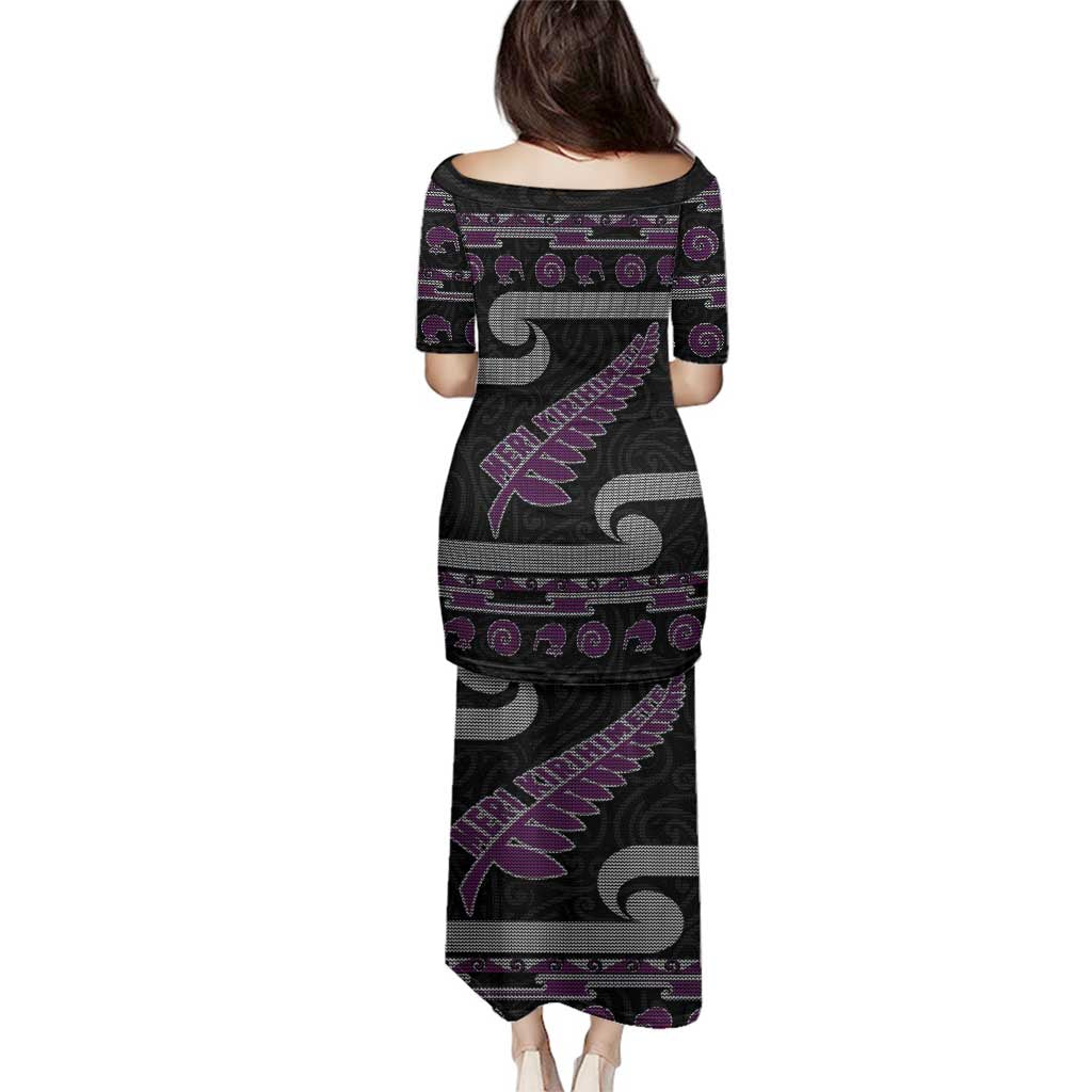 New Zealand Christmas Family Matching Puletasi and Hawaiian Shirt Meri Kirihimete Silver Fern Knit Style Purple Color - Polynesian Pride
