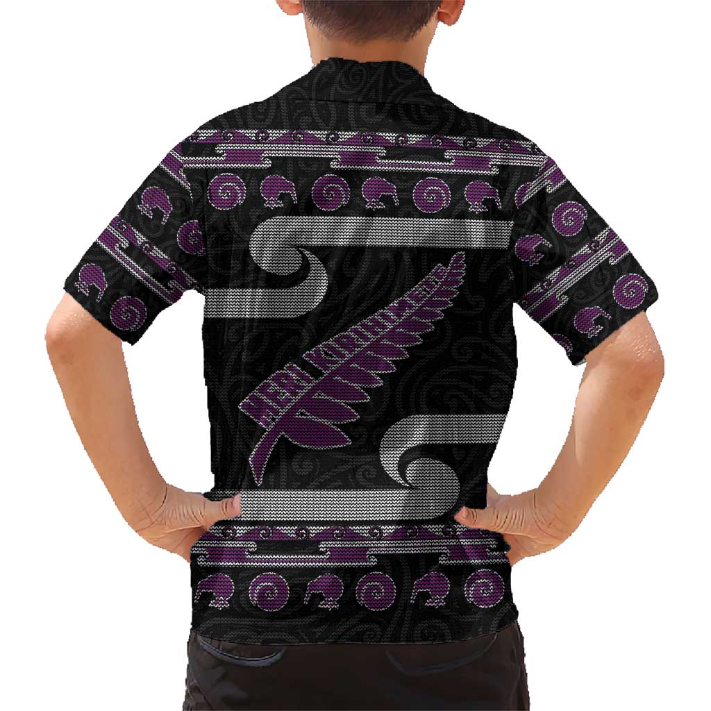 New Zealand Christmas Family Matching Short Sleeve Bodycon Dress and Hawaiian Shirt Meri Kirihimete Silver Fern Knit Style Purple Color - Polynesian Pride