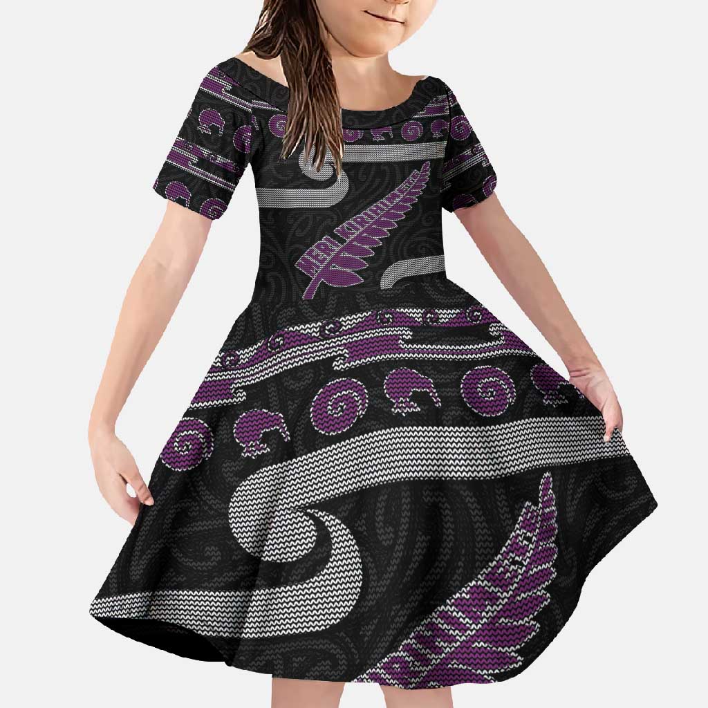 New Zealand Christmas Family Matching Short Sleeve Bodycon Dress and Hawaiian Shirt Meri Kirihimete Silver Fern Knit Style Purple Color - Polynesian Pride