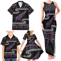 New Zealand Christmas Family Matching Tank Maxi Dress and Hawaiian Shirt Meri Kirihimete Silver Fern Knit Style Purple Color - Polynesian Pride