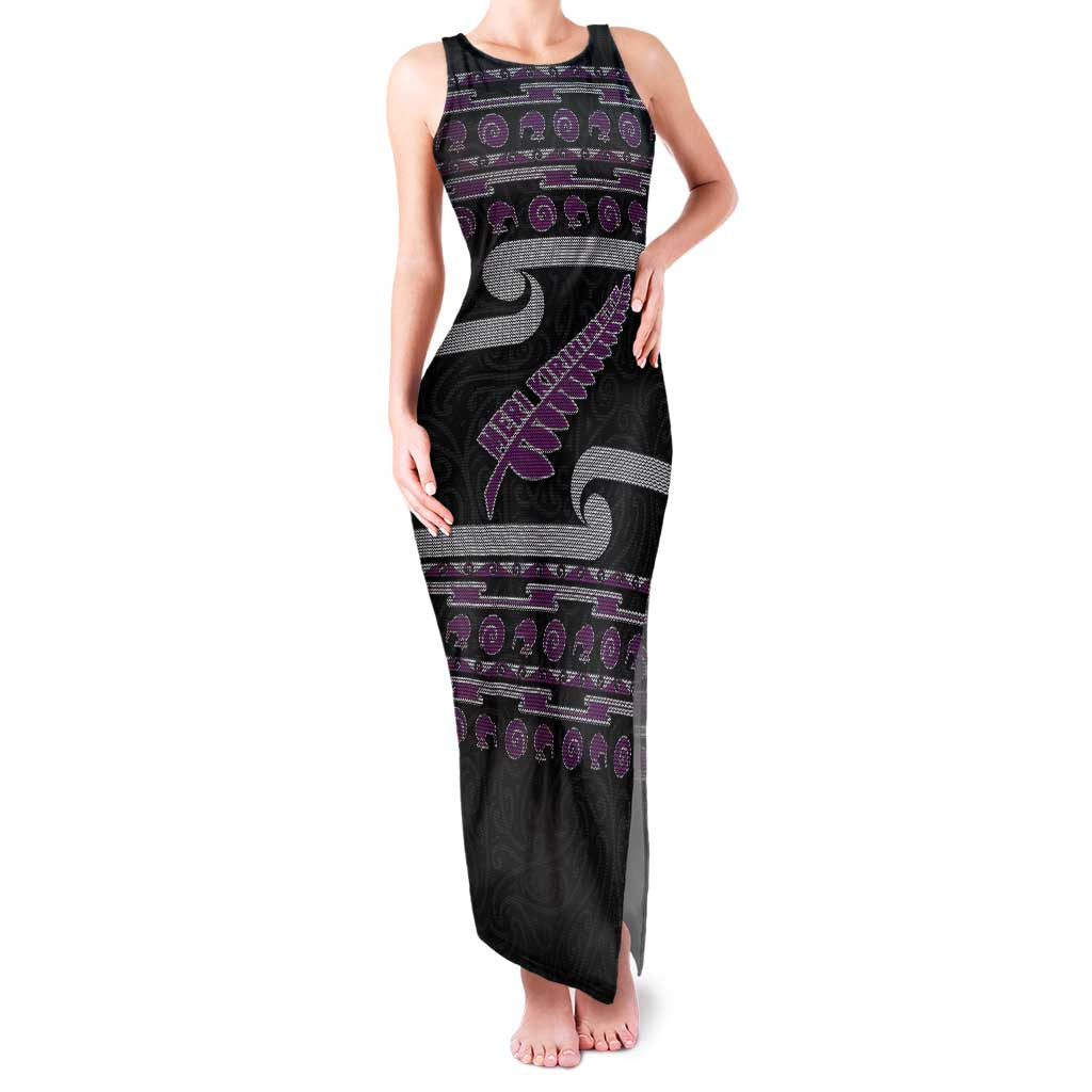New Zealand Christmas Family Matching Tank Maxi Dress and Hawaiian Shirt Meri Kirihimete Silver Fern Knit Style Purple Color - Polynesian Pride