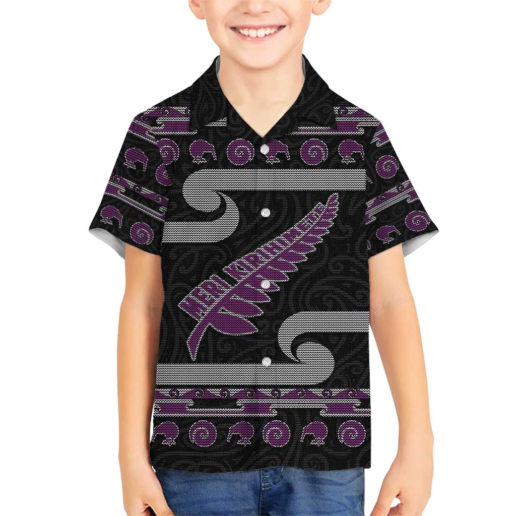 New Zealand Christmas Family Matching Tank Maxi Dress and Hawaiian Shirt Meri Kirihimete Silver Fern Knit Style Purple Color - Polynesian Pride