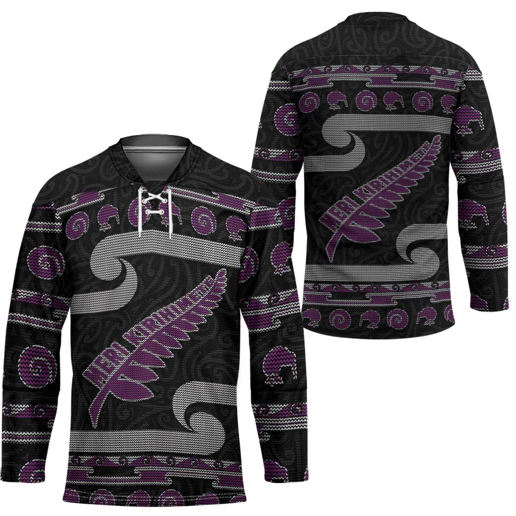 New Zealand Christmas Hockey Jersey Meri Kirihimete Silver Fern Knit Style Purple Color - Polynesian Pride