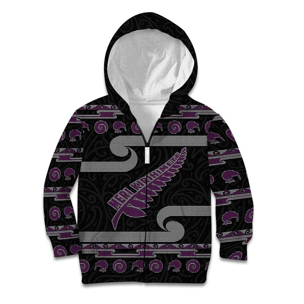 New Zealand Christmas Kid Hoodie Meri Kirihimete Silver Fern Knit Style Purple Color - Polynesian Pride