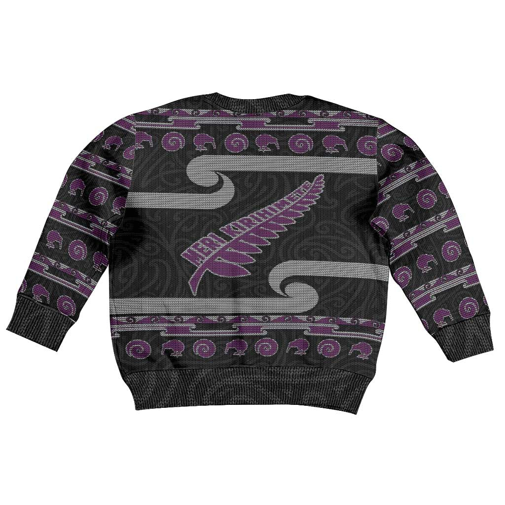 New Zealand Christmas Kid Ugly Christmas Sweater Meri Kirihimete Silver Fern Knit Style Purple Color - Polynesian Pride
