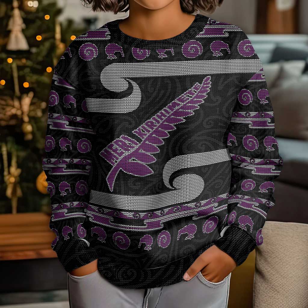 New Zealand Christmas Kid Ugly Christmas Sweater Meri Kirihimete Silver Fern Knit Style Purple Color - Polynesian Pride