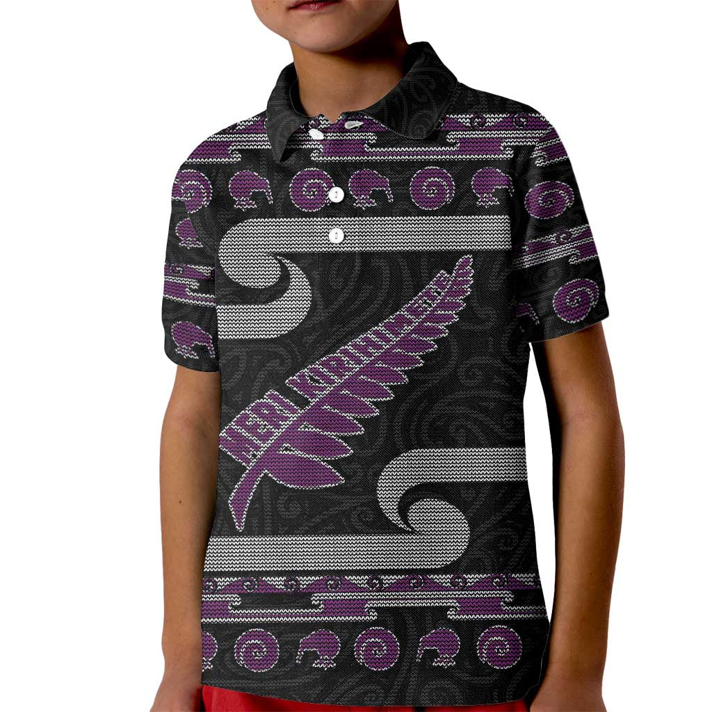 New Zealand Christmas Kid Polo Shirt Meri Kirihimete Silver Fern Knit Style Purple Color - Polynesian Pride