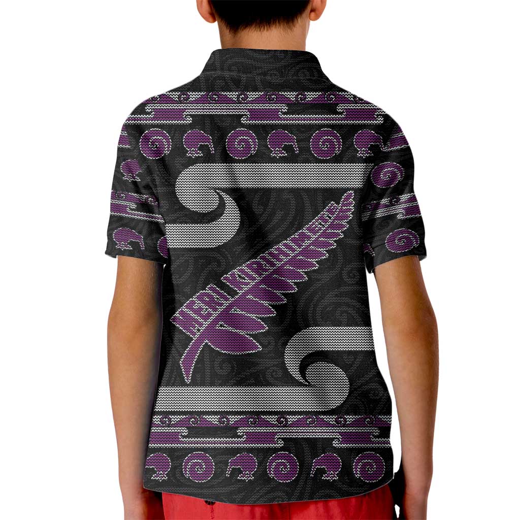 New Zealand Christmas Kid Polo Shirt Meri Kirihimete Silver Fern Knit Style Purple Color - Polynesian Pride