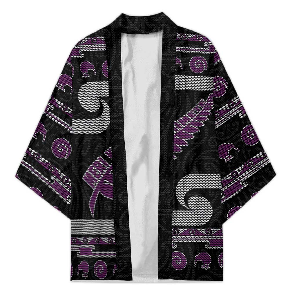 New Zealand Christmas Kimono Meri Kirihimete Silver Fern Knit Style Purple Color - Polynesian Pride