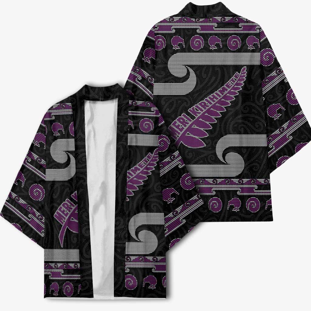 New Zealand Christmas Kimono Meri Kirihimete Silver Fern Knit Style Purple Color - Polynesian Pride