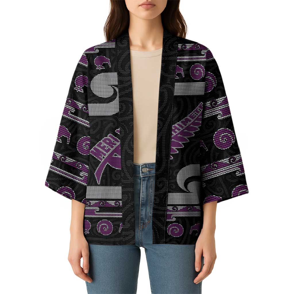 New Zealand Christmas Kimono Meri Kirihimete Silver Fern Knit Style Purple Color - Polynesian Pride