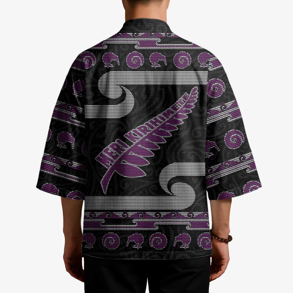 New Zealand Christmas Kimono Meri Kirihimete Silver Fern Knit Style Purple Color - Polynesian Pride
