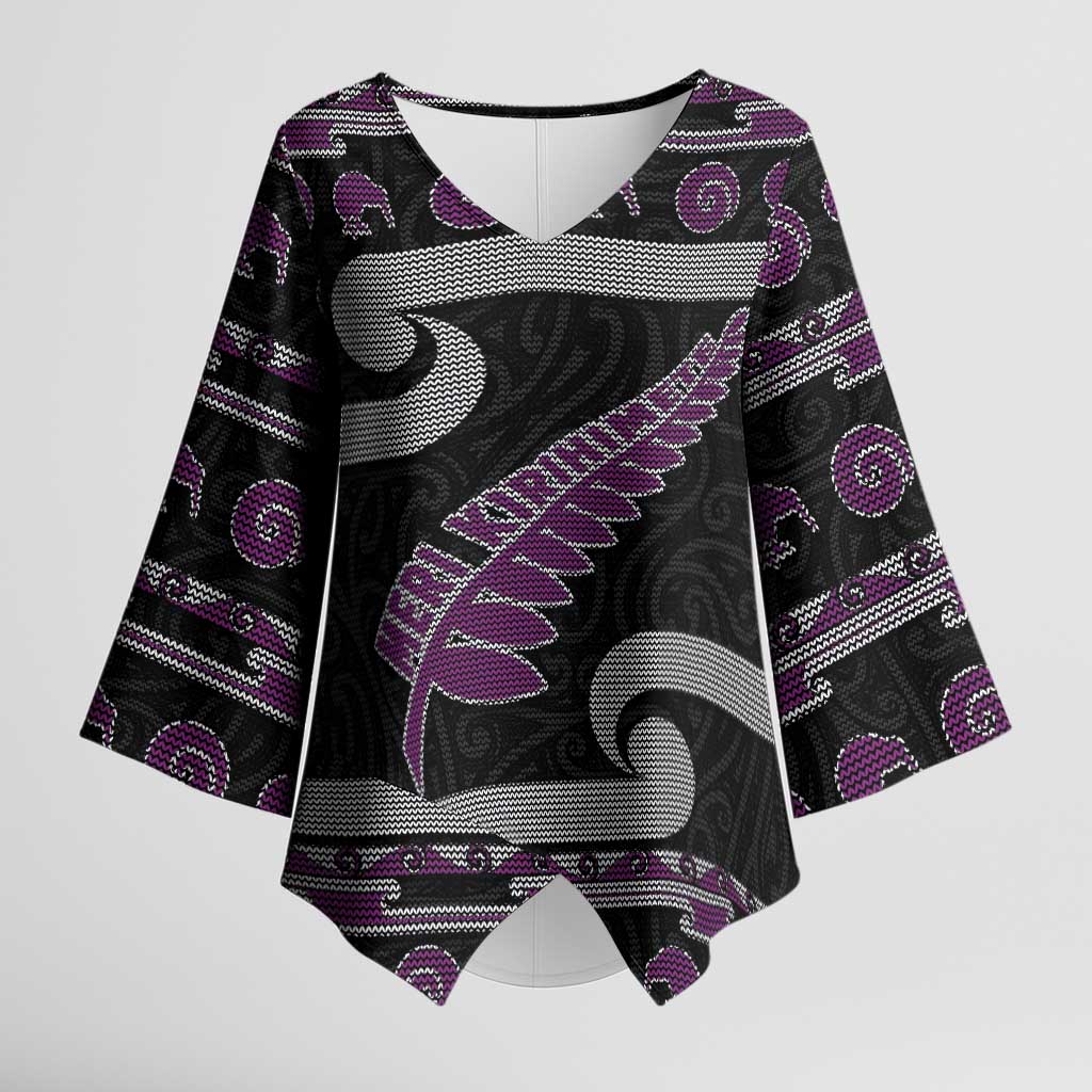 New Zealand Christmas Kimono Sleeve Blouse Meri Kirihimete Silver Fern Knit Style Purple Color - Polynesian Pride