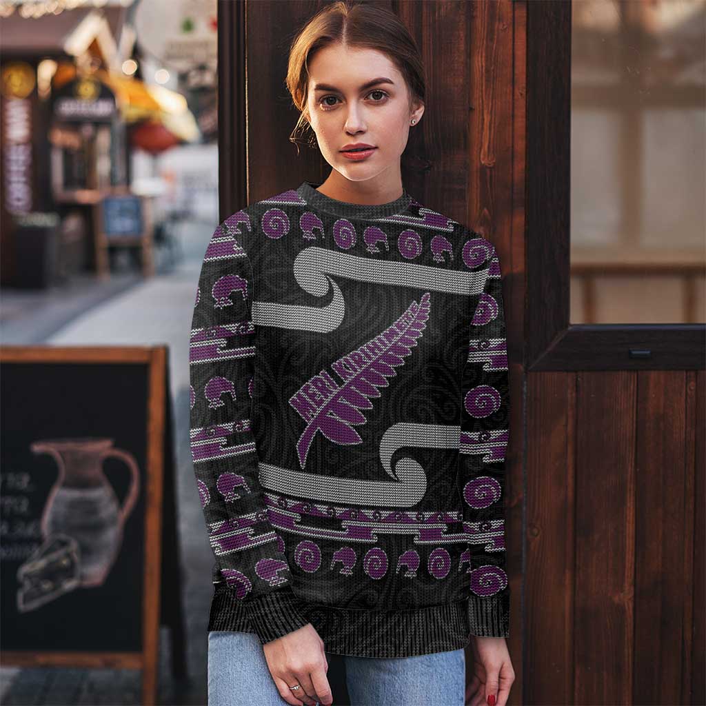 New Zealand Christmas Ugly Christmas Sweater Meri Kirihimete Silver Fern Knit Style Purple Color - Polynesian Pride