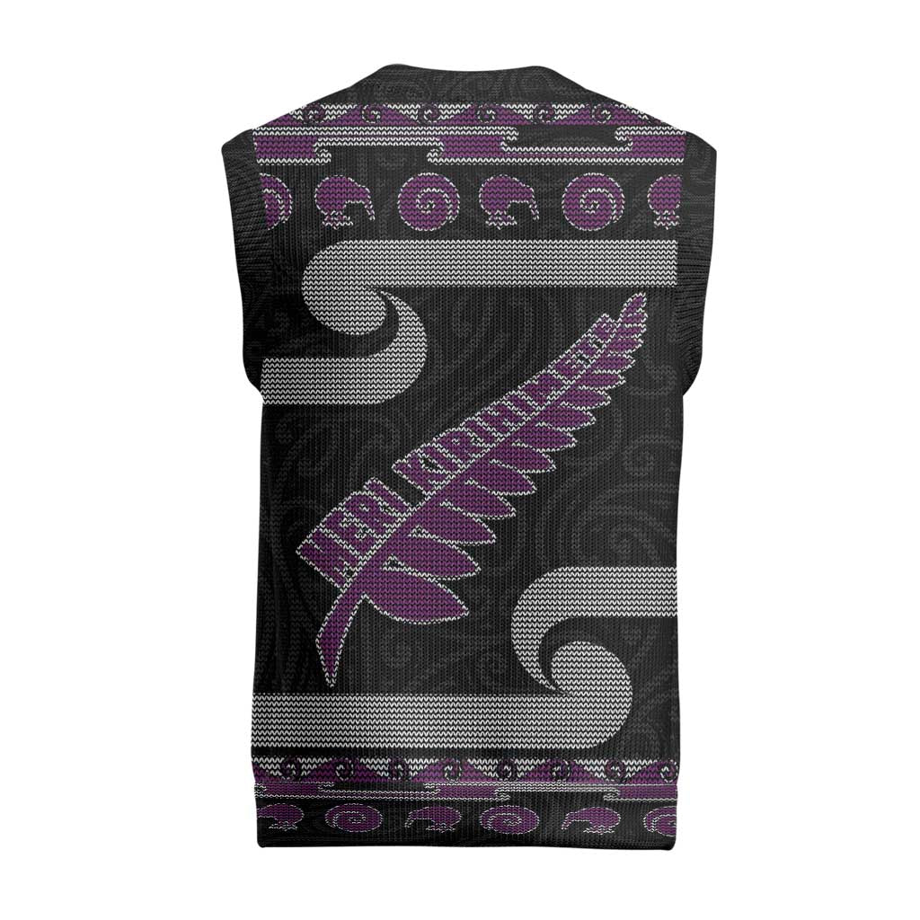 New Zealand Christmas Knitted V-Neck Vest Meri Kirihimete Silver Fern Knit Style Purple Color - Polynesian Pride