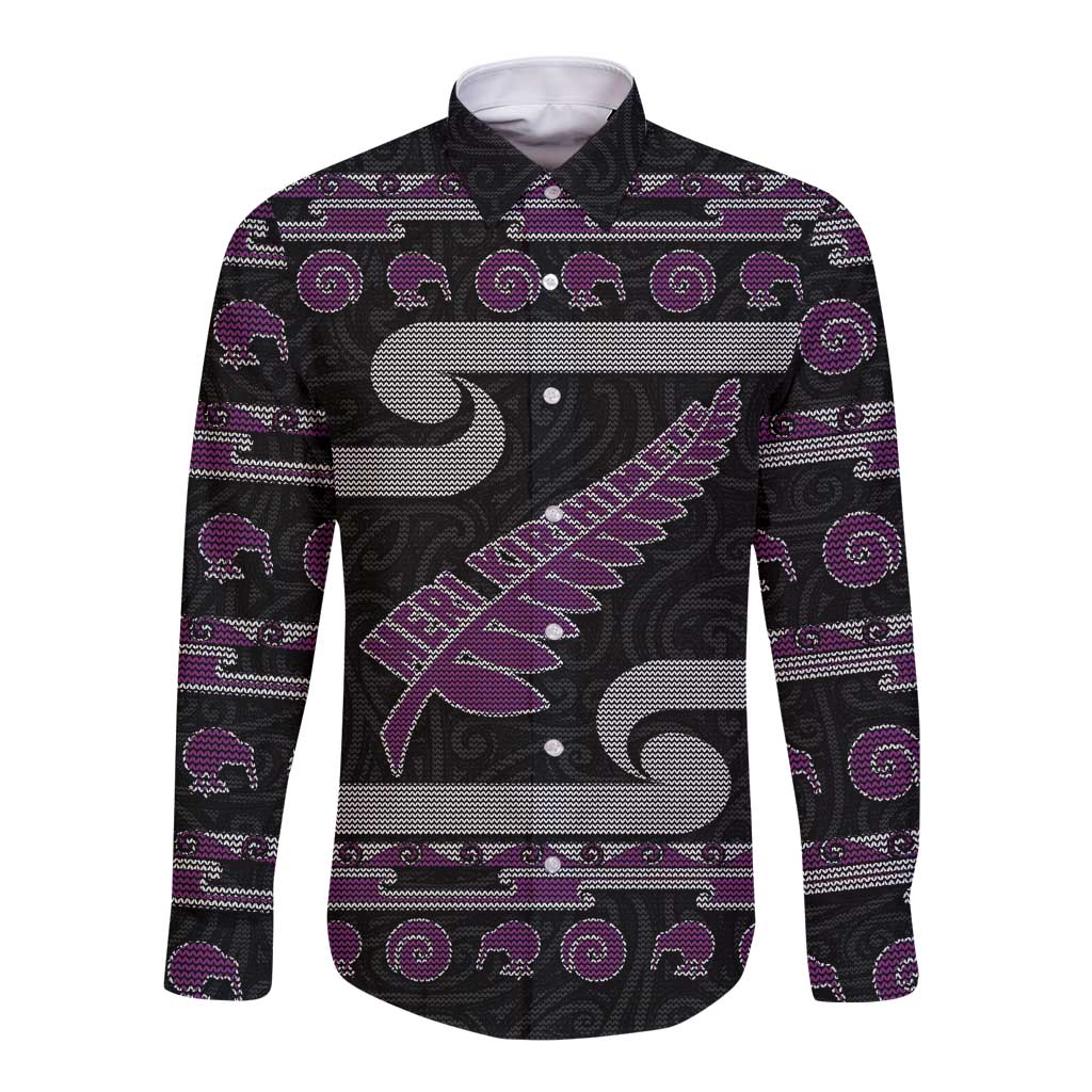 New Zealand Christmas Long Sleeve Button Shirt Meri Kirihimete Silver Fern Knit Style Purple Color - Polynesian Pride