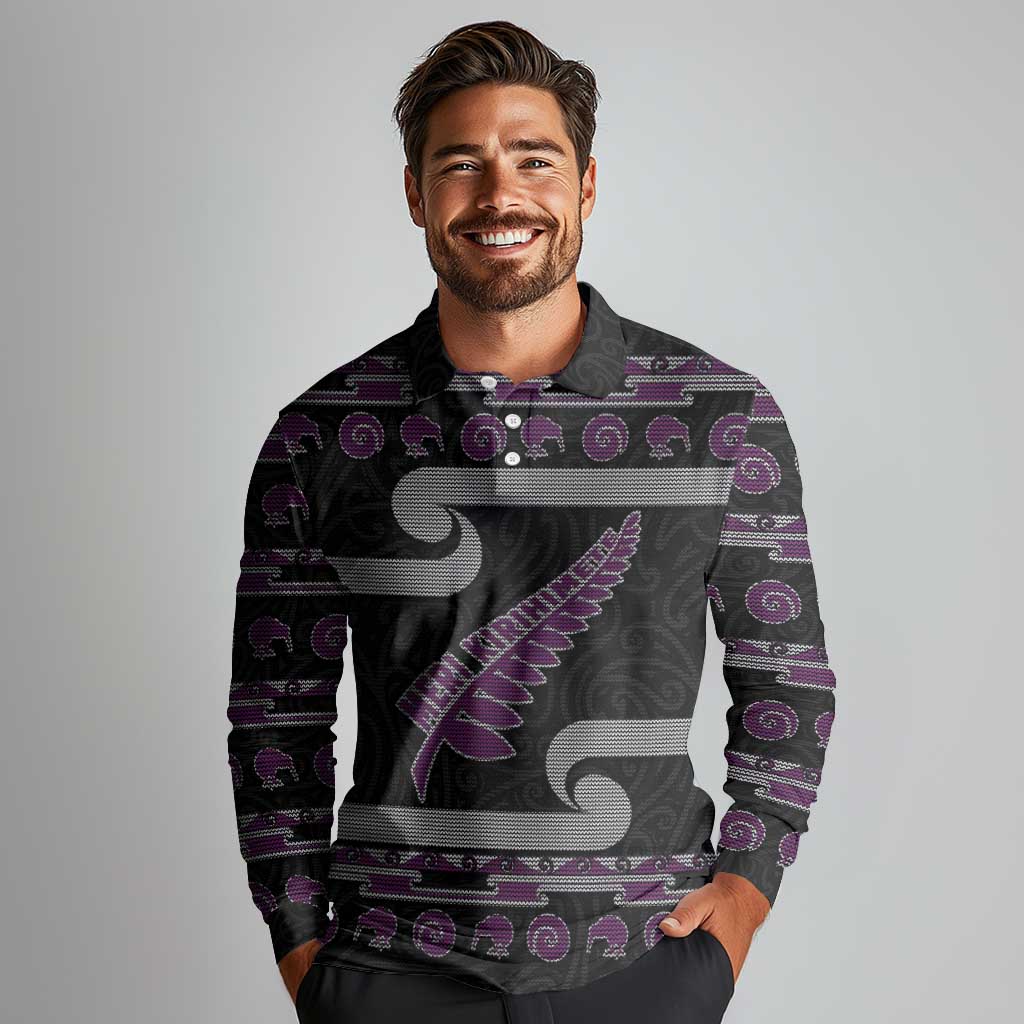 New Zealand Christmas Long Sleeve Polo Shirt Meri Kirihimete Silver Fern Knit Style Purple Color - Polynesian Pride