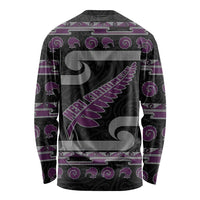 New Zealand Christmas Long Sleeve Shirt Meri Kirihimete Silver Fern Knit Style Purple Color - Polynesian Pride