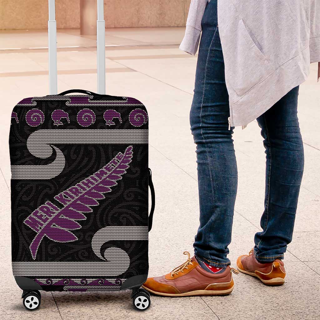 New Zealand Christmas Luggage Cover Meri Kirihimete Silver Fern Knit Style Purple Color - Polynesian Pride