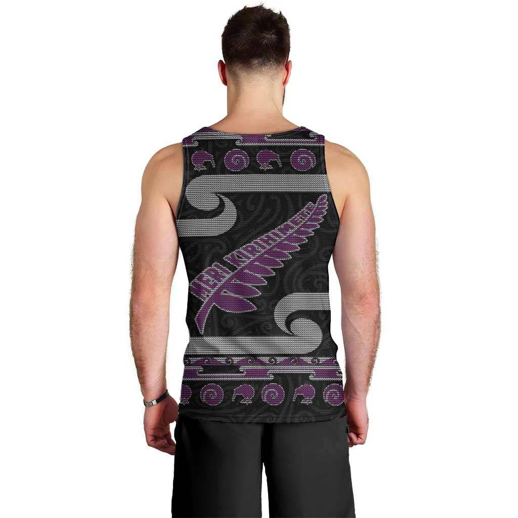 New Zealand Christmas Men Tank Top Meri Kirihimete Silver Fern Knit Style Purple Color - Polynesian Pride