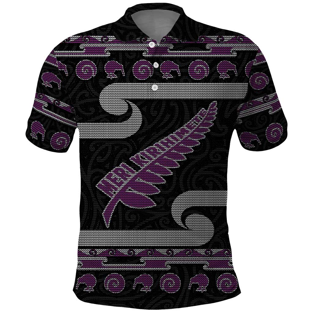 New Zealand Christmas Polo Shirt Meri Kirihimete Silver Fern Knit Style Purple Color - Polynesian Pride