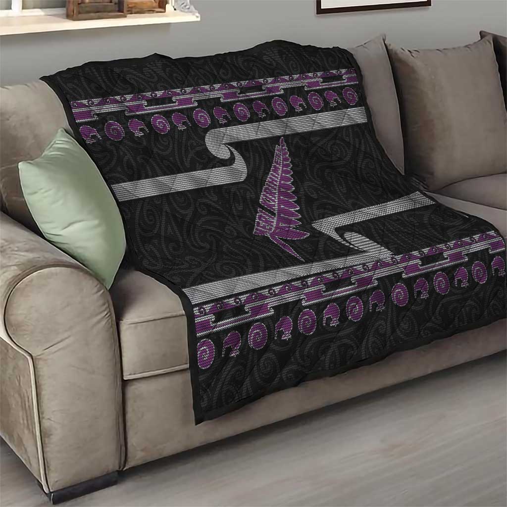 New Zealand Christmas Quilt Meri Kirihimete Silver Fern Knit Style Purple Color - Polynesian Pride