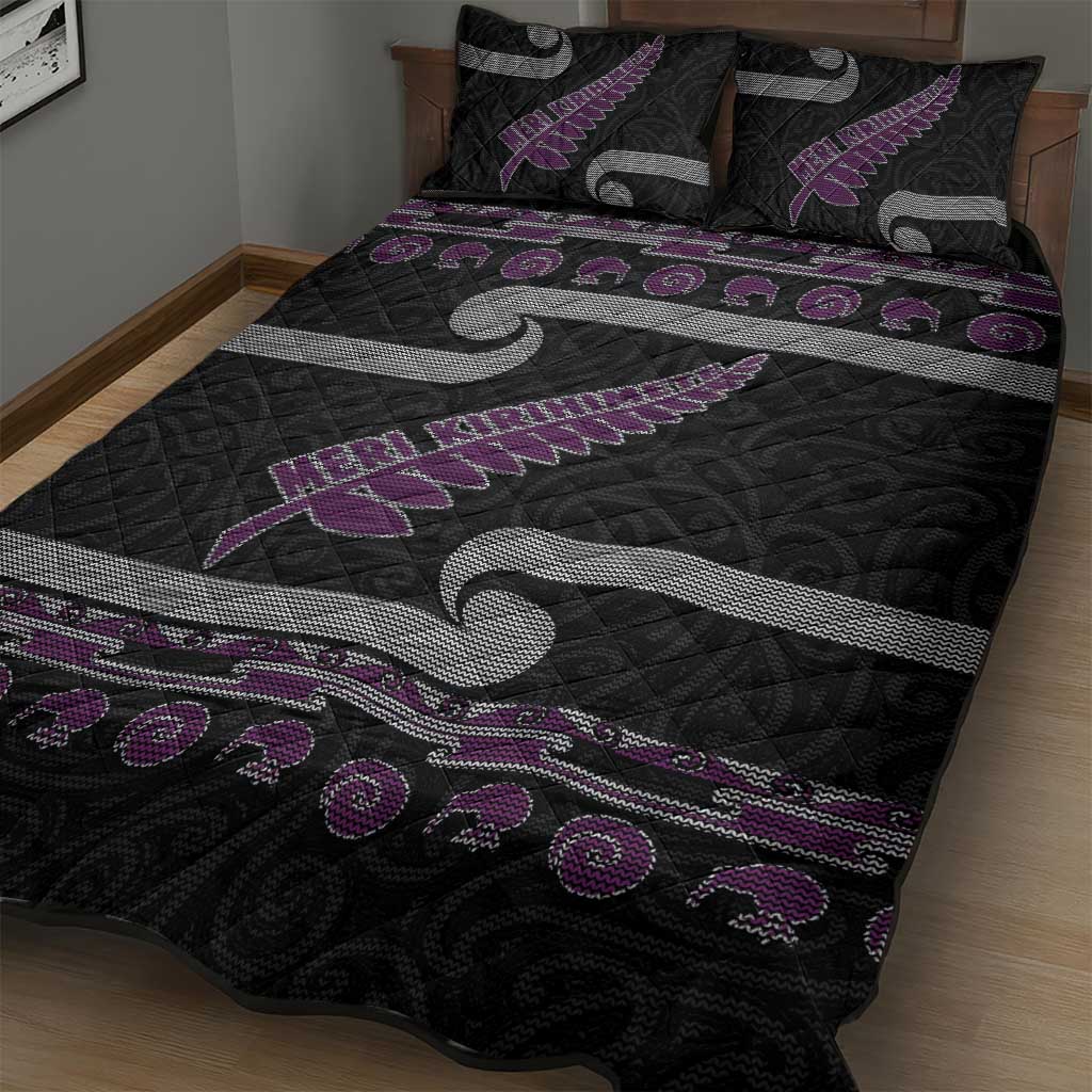 New Zealand Christmas Quilt Bed Set Meri Kirihimete Silver Fern Knit Style Purple Color - Polynesian Pride