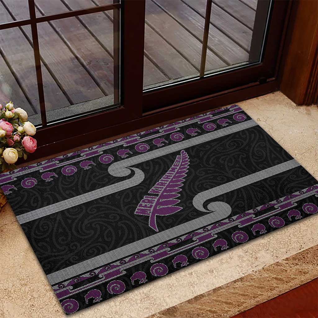 New Zealand Christmas Rubber Doormat Meri Kirihimete Silver Fern Knit Style Purple Color - Polynesian Pride