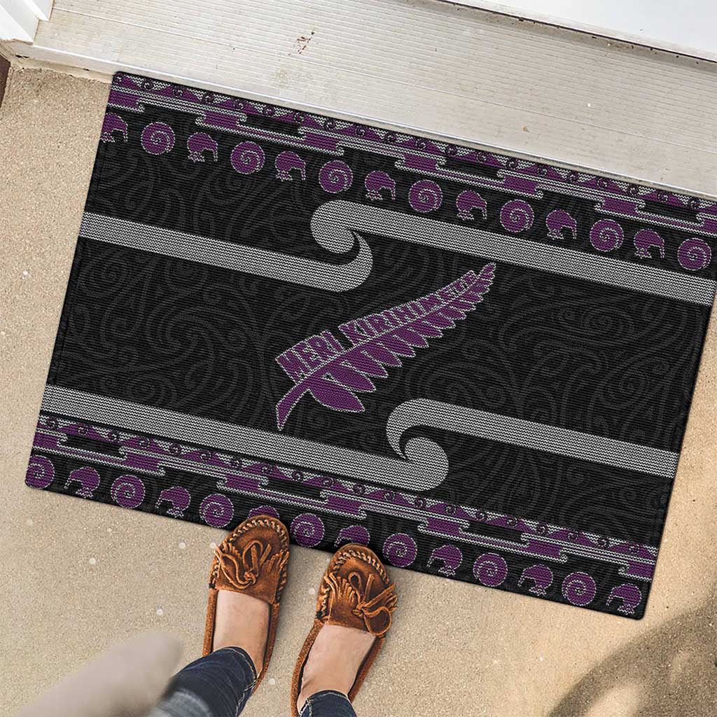 New Zealand Christmas Rubber Doormat Meri Kirihimete Silver Fern Knit Style Purple Color - Polynesian Pride