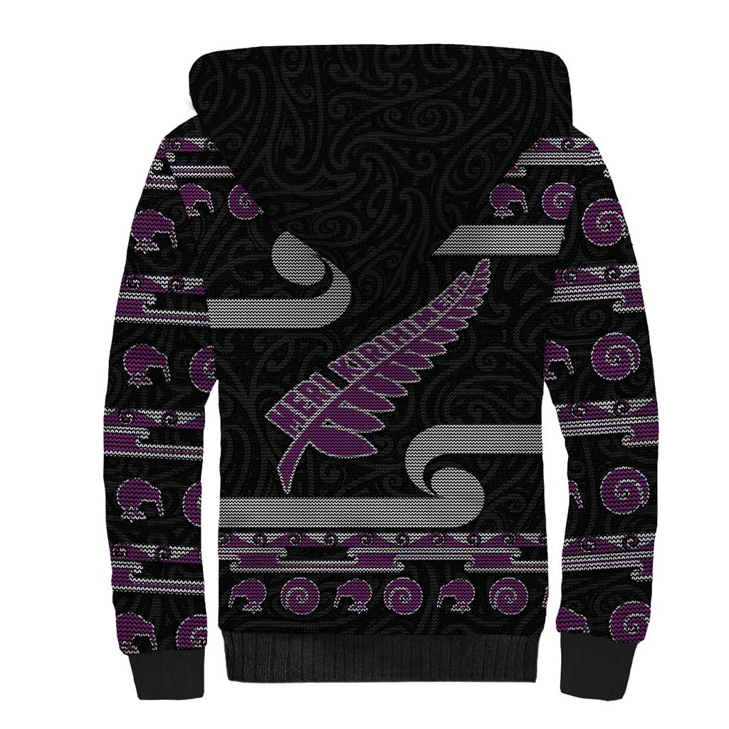 New Zealand Christmas Sherpa Hoodie Meri Kirihimete Silver Fern Knit Style Purple Color - Polynesian Pride